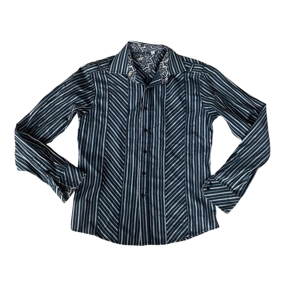 Vintage Y2K Office Siren Pinstripe Button Down Shirt Black White Large preppy